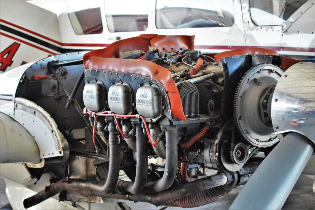 Detailed view of an aircraft engine showcasing intricate machinery and components.